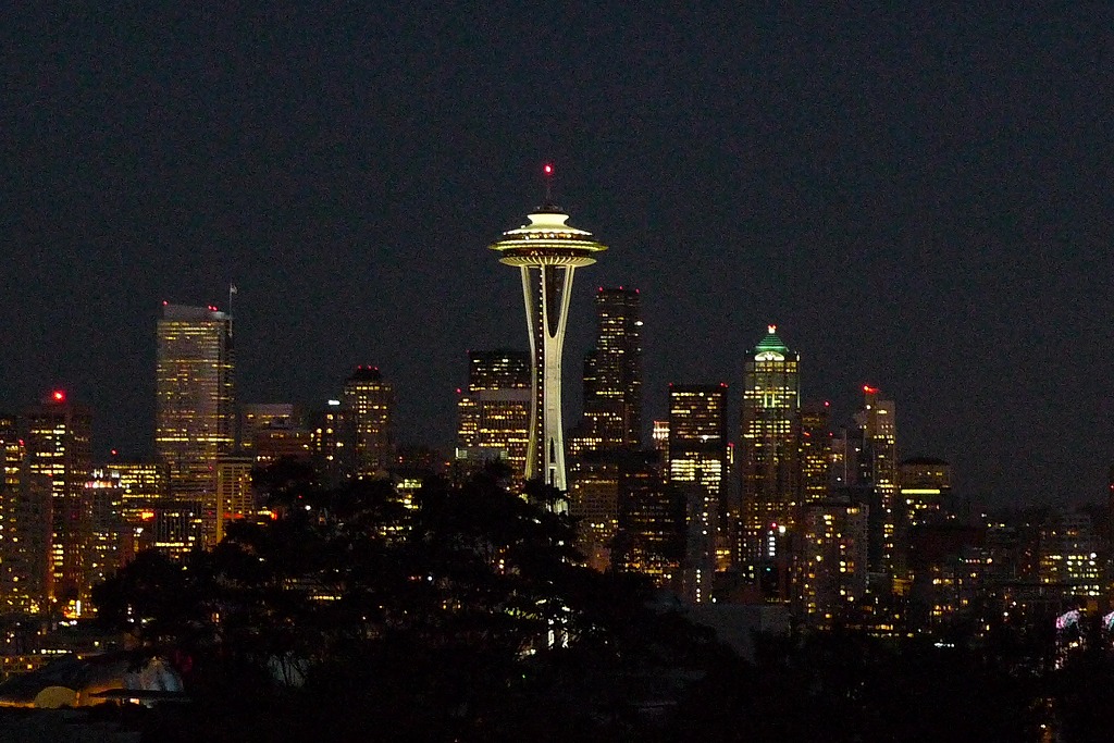 シアトルの夜景スポットから眺めるダウンタウンの街並み